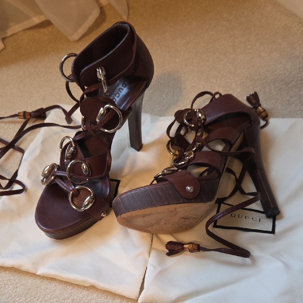Gucci Dark Brown Leather Lace-Up High Heel Sandals with  Rings